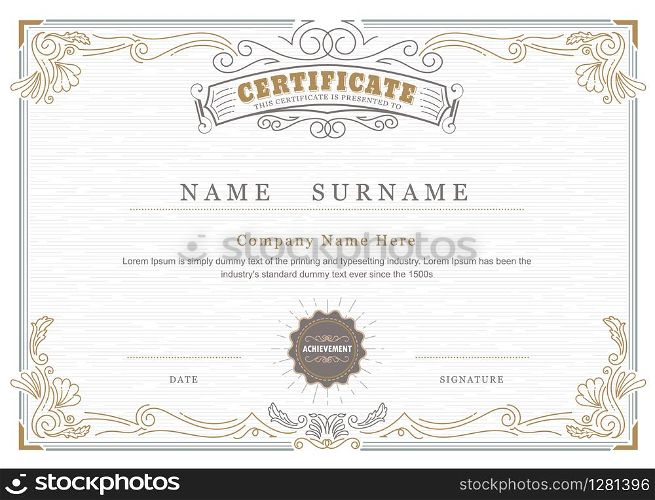 Achievement certificate elegant flourishes antique frame vintage vector template