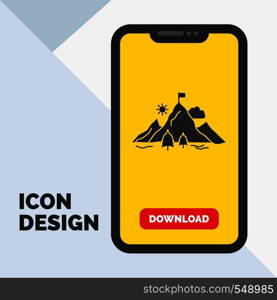 achievement, flag, mission, mountain, success Glyph Icon in Mobile for Download Page. Yellow Background. Vector EPS10 Abstract Template background