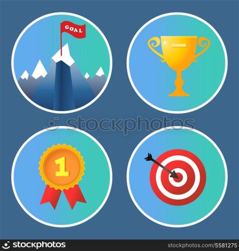 Achievement icons set trophy summit medal and target isolated vector illustration