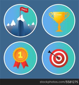 Achievement icons set trophy summit medal and target isolated vector illustration