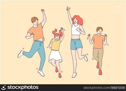 Achievement, joy, celebration concept. Happy cheerful joyful big family with children jumping together celebrating luck and feeling great having fun vector illustration . Achievement, joy, celebration concept
