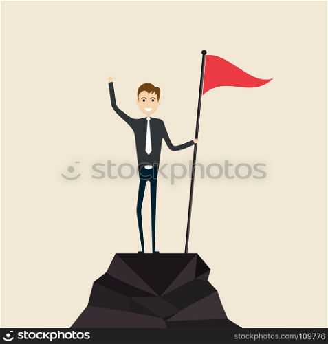 Achievement,Success and Leadership concept.Climber with flag conquering top of mountain.Businessman holding a flag on mountain peak.Business people climb to the top of the mountain.Business vector concept illustration
