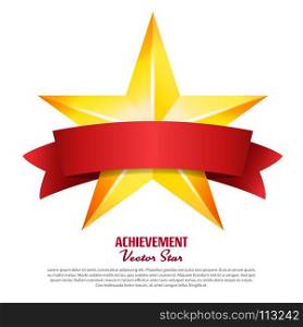 Achievement Vector Star With Red Ribbon. Yellow Sign Place For Text. Golden Decoration Symbol. 3d Shine Icon Isolated On White Background.. Achievement Vector Star With Red Ribbon. Yellow Sign With Place For Text. Golden Decoration Symbol. 3d Shine Icon Isolated On White