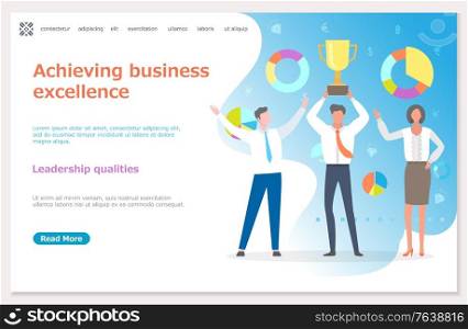Achieving business excellence, leadership qualities, man and woman workers holding award, successful teamwork, people cooperation, goal vector. Website or webpage template, landing page in flat style. Winners and Award, Leadership Qualities Vector