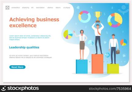 Achieving business excellence, people with prize vector. Money currencies dollars and euros, businessman and businesswoman, leader boss and workers. Achieving Business Excellence, People with Prize