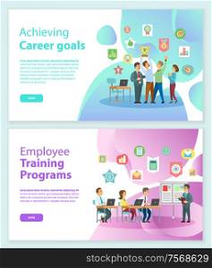 Achieving career goals, people holding golden cup web page. Employee training programs, people working with laptop and man standing near board vector. Website or webpage template, landing page in flat. Career Goals and Training Programs, Workers Vector