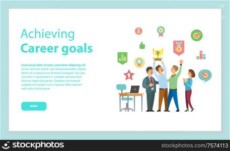 Achieving career goals website, standing workers with golden award. Portrait view of people in casual clothes, table with laptop, leadership vector. Achieving Career Goals Website, Leadership Vector