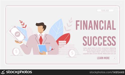 Achieving Financial Success Flat Lading Page. Frame Design. Cartoon Businessman, Coach, Mentor Presenting Business Strategy for Revenue Increase and Company Income Growth. Vector Illustration. Achieving Financial Success Design Lading Page