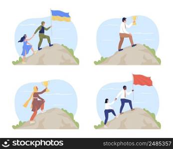 Achieving lifelong goals 2D vector isolated illustration set. Standing on summit flat characters on cartoon background. Winning together colourful scene collection for mobile, website, presentation. Achieving lifelong goals 2D vector isolated illustration set