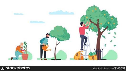 Achieving results by different generations from old man to young guy. Man caring of money tree. Investment profit growth. Banking income. Financial strategy. Family economy success. Vector concept. Achieving results by different generations from old man to young guy. Man caring of money tree. Investment profit growth. Financial strategy. Family economy success. Vector concept