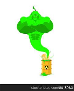 Acid Genie of barrels of toxic waste. Green Magic spirit. Vector illustration&#xA;