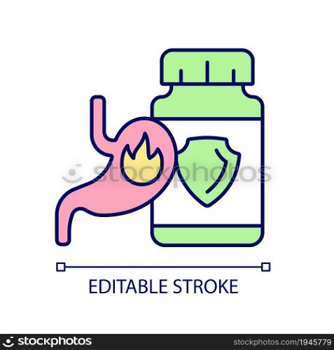 Acid reflux supplements RGB color icon. Heartburn relief medication. Pills for burning chest pain, pyrosis. Digestion problems. Isolated vector illustration. Simple filled line drawing. Acid reflux supplements RGB color icon