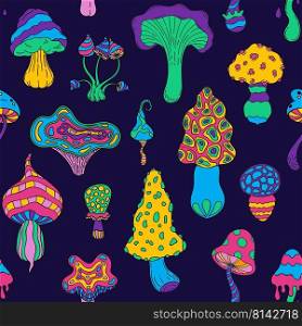 Acidμshrooms pattern. Seam≤ss pr∫of psychedelic trip colorful amanita and toadstoolμshrooms. Vector hipπe magic texture. Fantastic fairyta≤plants, toxic and poisonous food. Acidμshrooms pattern. Seam≤ss pr∫of psychedelic trip colorful amanita and toadstoolμshrooms. Vector hipπe magic texture