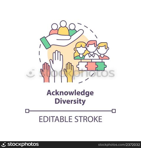 Acknowledge diversity concept icon. Distinctive circumstances. ILAP principle abstract idea thin line illustration. Isolated outline drawing. Editable stroke. Arial, Myriad Pro-Bold fonts used. Acknowledge diversity concept icon