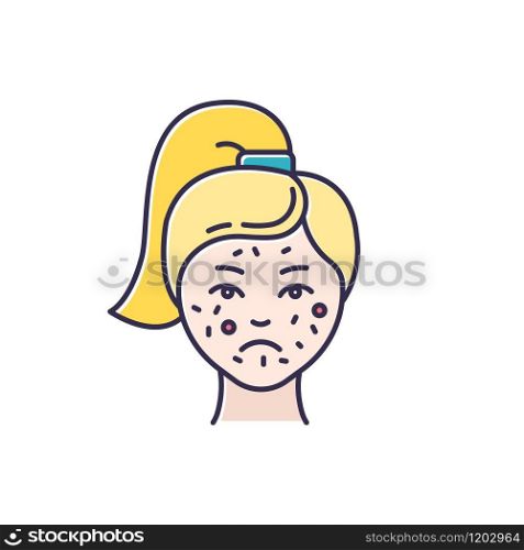 Acne color icon. Pimples on female face. Skincare for inflammation and irritation. Facial treatment. Puberty and teenager health problem. Cosmetology and dermatology. Isolated vector illustration