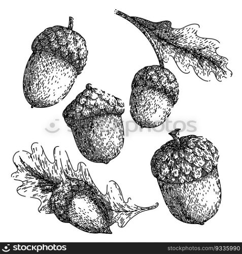 acorn nut set hand drawn. vector oak, autumn tree, leaf branch, fall seed, leaves forest acorn nut vector sketch. isolated black illustration. acorn nut set sketch hand drawn vector