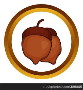 Acorns vector icon in golden circle, cartoon style isolated on white background. Acorns vector icon