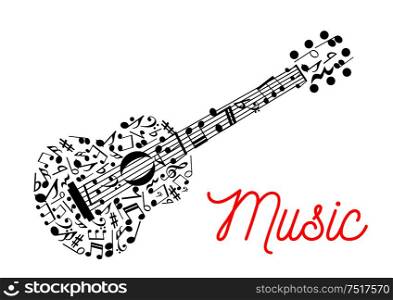 Acoustic guitar composed of musical stave with notes symbol for music, arts and entertainment design usage with treble and bass clefs, chords and rests. Guitar composed of musical notes icon