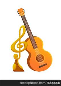 Acoustic string guitar musical instrument vector, gold award in shape of note on pedestal. Isolated trophy for winner of contest, prizes for musician. Music Award for Singer, Acoustic Guitar Instrument