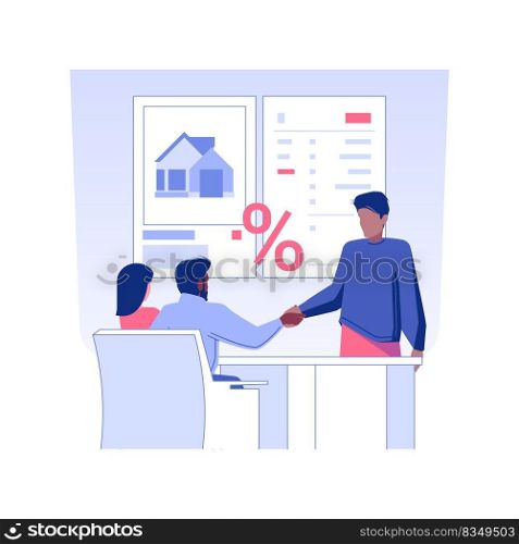 Acquiring mortgage isolated concept vector illustration. Young couple getting mortgage, real estate business, brokerage company, loan officer and clients, successful deal vector concept.. Acquiring mortgage isolated concept vector illustration.