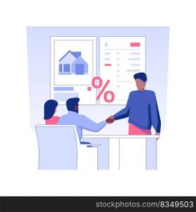 Acquiring mortgage isolated concept vector illustration. Young couple getting mortgage, real estate business, brokerage company, loan officer and clients, successful deal vector concept.. Acquiring mortgage isolated concept vector illustration.