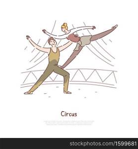 Acrobat man and woman performance, circus show, gymnasts performing balancing tricks, elements banner template. Entertainment, amusement, carnival concept cartoon sketch. Flat vector illustration. Acrobat man and woman performance, circus show, gymnasts performing balancing tricks, elements banner template