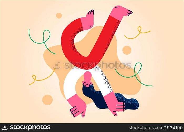 Acrobatics, positive emotions, balance concept. Young positive girl cartoon character standing balancing on hands barefoot over yellow background vector illustration . Acrobatics, positive emotions, balance concept