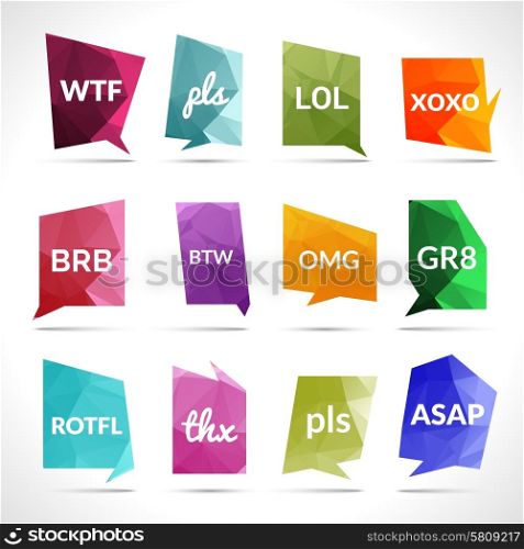 Acronyms and abbreviations in speech bubbles set isolated vector illustration. Acronyms Speech Bubbles