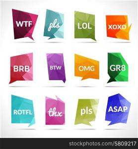Acronyms and abbreviations in speech bubbles set isolated vector illustration. Acronyms Speech Bubbles