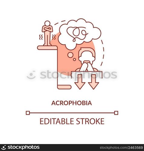 Acrophobia red concept icon. Intense fear of height. Most common phobia abstract idea thin line illustration. Isolated outline drawing. Editable stroke. Arial, Myriad Pro-Bold fonts used. Acrophobia red concept icon