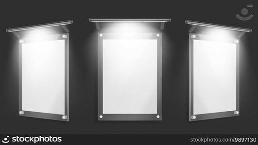 Acrylic poster, blank glass frame with illumination hang on wall isolated on black background. Empty photo frame template, name plate, plexiglass banner, holder mockup Realistic 3d vector illustration. Acrylic poster blank glass frame with illumination