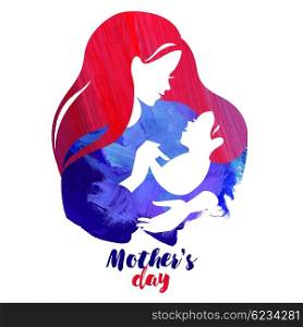 Acrylic watercolor beautiful mother silhouette with baby. Vector logo illustration on white background