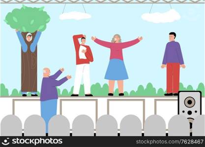 Acting hobby flat compositions with amateur theater group actors practicing play performance with stage manager vector illustration
