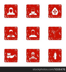 Acting person icons set. Grunge set of 9 acting person vector icons for web isolated on white background. Acting person icons set, grunge style