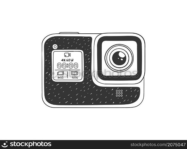 Action camera. Hand-drawn action camera for video shooting. Illustration in sketch style. Vector image
