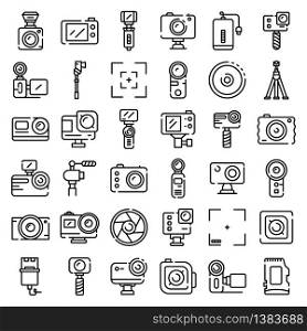 Action camera icons set. Outline set of action camera vector icons for web design isolated on white background. Action camera icons set, outline style