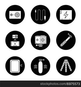 Action camera icons set. Sport cam, usb cable, battery, phone connection, waterproof case, selfie monopod stick, floating grip, box, tripod. Vector white silhouettes illustrations in black circles. Action camera icons set
