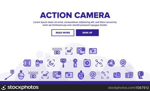 Action Camera Landing Web Page Header Banner Template Vector. Types Of Camera Linear Pictograms. Device Stick And Object Glass, Recording Mode And Watertight Housing Illustration. Action Camera Landing Header Vector