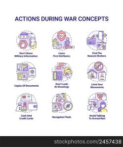 Action during war concept icons set. How to stay safe and survive. Tips for civilians idea thin line color illustrations. Isolated symbols. Editable stroke. Roboto-Medium, Myriad Pro-Bold fonts used. Action during war concept icons set