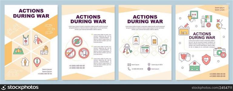 Action during war orange brochure template. Tips for civilians. Leaflet design with linear icons. 4 vector layouts for presentation, annual reports. Arial-Black, Myriad Pro-Regular fonts used. Action during war orange brochure template