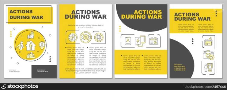Action during war yellow brochure template. Tips for civilians. Leaflet design with linear icons. 4 vector layouts for presentation, annual reports. Arial, Myriad Pro-Regular fonts used. Action during war yellow brochure template