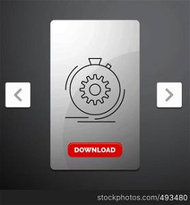 Action, fast, performance, process, speed Line Icon in Carousal Pagination Slider Design & Red Download Button. Vector EPS10 Abstract Template background