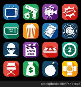 Action film movie cinematography production icons set of gun robber muscle car and bomb isolated vector illustration