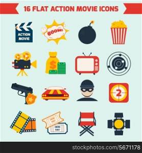 Action film movie production flat icons set of tv boom light camera isolated vector illustration
