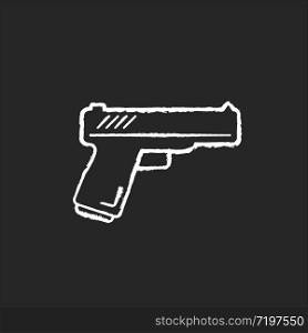 Action flick chalk white icon on black background. Popular movie genre, common cinema category. Violent military film, spy fiction. Handgun, weapon isolated vector chalkboard illustration