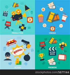 Action movie cinema production premiere flat compositions isolated vector illustration