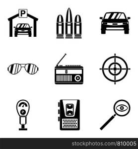 Action movie icons set. Simple set of 9 action movie vector icons for web isolated on white background. Action movie icons set, simple style