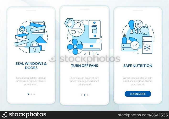Actions at home during disaster blue onboarding mobile app screen. Walkthrough 3 steps editable graphic instructions with linear concepts. UI, UX, GUI template. Myriad Pro-Bold, Regular fonts used. Actions at home during disaster blue onboarding mobile app screen