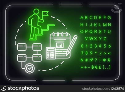 Actions neon light concept icon. Smart planning. Opportunities for success. Business management idea. Outer glowing sign with alphabet, numbers and symbols. Vector isolated RGB color illustration