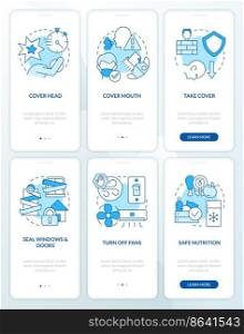 Actions outside and at home blue onboarding mobile app screen set. Walkthrough 3 steps editable graphic instructions with linear concepts. UI, UX, GUI template. Myriad Pro-Bold, Regular fonts used. Actions outside and at home blue onboarding mobile app screen set